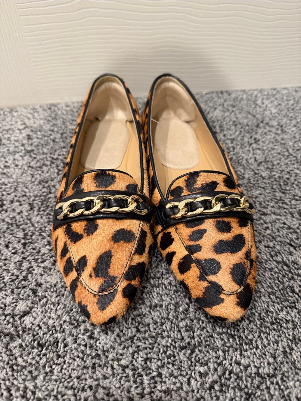 Talbots Leopard Print Pointed Toe Chain-Trim Flats Shoes 7.5